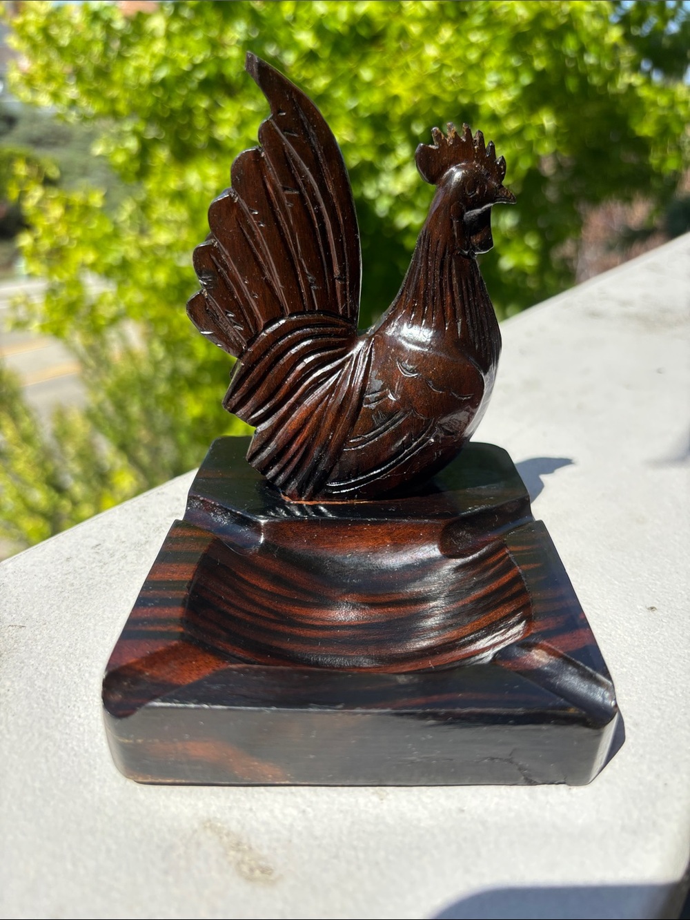 Hand-Carved Rooster Decorative Wooden Sculpture in Dark Brown